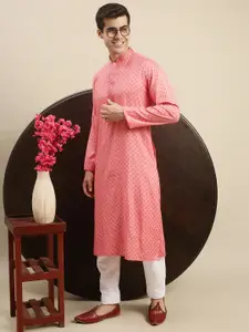 Sanwara Men Pink Floral Printed Thread Work Pure Cotton Kurta with Pyjamas