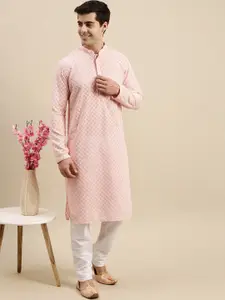 Sanwara Men Pink Floral Embroidered Chikankari Pure Cotton Kurta with Churidar