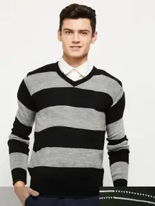 max Men Green & Grey Striped Reversible Acrylic Sweater