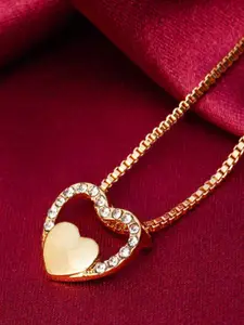 Ferosh Gold-Plated White Crystal-Studded Heart Shape Pendant With Chain