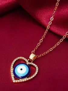 Ferosh Gold-Toned & Blue Crystal Studded Heart Evil Eye Pendant & Chain
