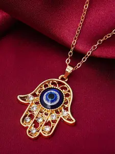 Ferosh Gold-Toned & Blue Stone-Studded Evil Eye Hamsa Pendant With Chain