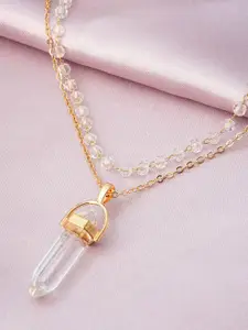 Ferosh Women Gold-Toned White Stone-Beaded Designed Layered Pendant With Chain