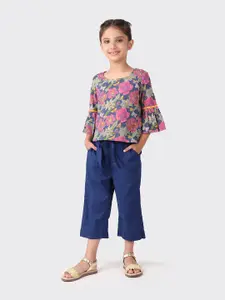 Fabindia Girls Navy Blue & Green Printed Pure Cotton Top with Trousers