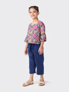 Fabindia Girls Navy Blue & Pink Printed Pure Cotton Top with Trouser Set