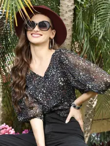 Sera Women Black Floral Print Bohemian Top