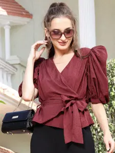 Sera Women Burgundy Polka Dots Print V-Neck Wrap Top