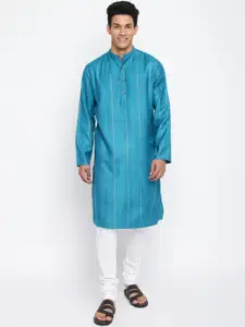 Fabindia Men Blue Striped Long Sleeves Straight Kurta