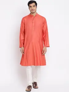 Fabindia Men Coral Solid Long Sleeves Straight Kurta