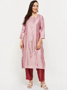 max Women Pink Floral Embroidered Flared Sleeves Thread Work Kurta