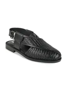 Regal Men Black Textured Leather Shoe-Style Sandals