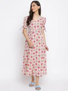 Fabindia Off White & Pink Floral A-Line Cotton Midi Dress