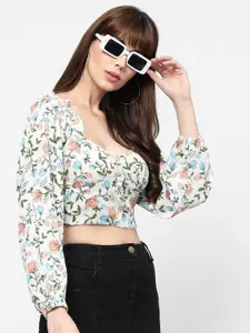 FLAWLESS Women White & Blue Floral Printed Sweetheart Neck Crop Top