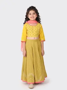 Fabindia Girls Yellow & Peach-Coloured Printed Ready to Wear Lehenga Choli