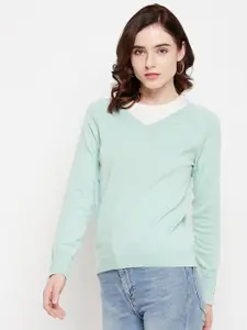 Madame Women Green Solid Ribbed Pullover
