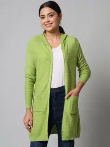 BROOWL Women Green Striped Longline Shrug