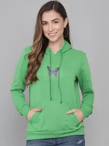 Kotty Women Green Printed Hooded Sweatshirt