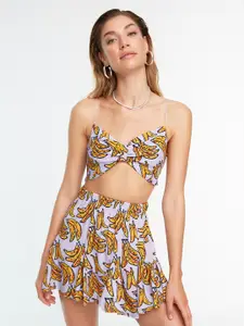 Trendyol Women White & Yellow Printed Top with Skirt