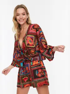 Trendyol Women Printed Shirt with Shorts Co-Ords Set