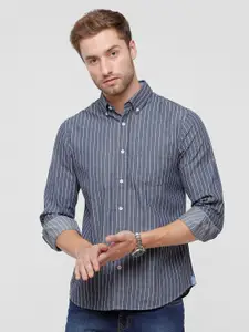 Double Two Men Grey & White Striped Cotton Slim Fit Casual Shirt