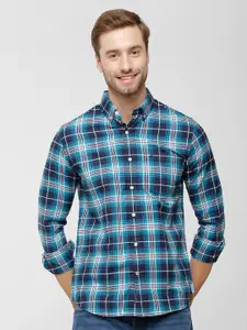 Double Two Men Blue Slim Fit Checked Cotton Casual Shirt