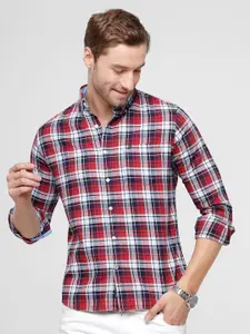 Double Two Men Red Cotton Slim Fit Tartan Checks Checked Casual Shirt