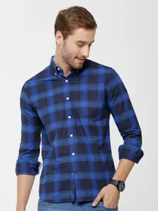 Double Two Men Navy Blue Slim Fit Checked India Slim Cotton Casual Shirt