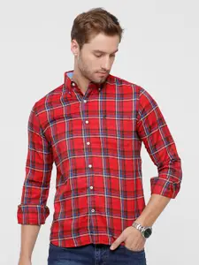 Double Two Men Red Slim Fit Checked Cotton Casual Shirt