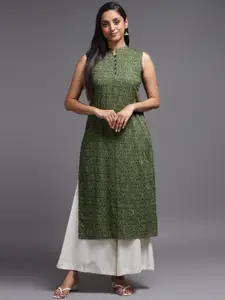 KALINI Women Olive Green Ethnic Motifs Printed Straight Fit Cotton Kurta
