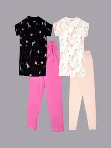 Taatoom Girls Pink & Black Set Of 2 Printed Pure Cotton Night suit