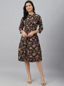 Janasya Black & Beige Floral Print Fit & Flare Dress