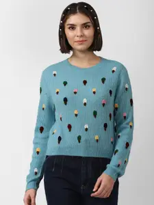 FOREVER 21 Women Blue & White Self Design Sweater