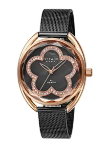 STRAND BY OBAKU Women Black Brass Patterned Dial & Black Stainless Steel Bracelet Style Straps Analogue Watch