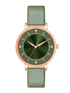 Shocknshop Women Green Embellished Dial & Green Leather Straps Analogue Watch MT513