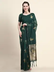 AVANSHEE Green & Gold Woven Design Zari Linen Blend Saree