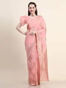 AVANSHEE Pink & Gold-Toned Floral Zari Linen Blend Saree