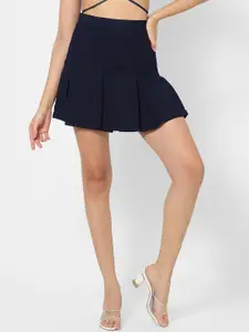 VASTRADO Women Navy Blue Solid Mini Pleated Skirts