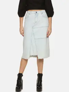 ISU Women Blue Solid Midi Denim Straight Skirt