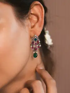 SHAYA Silver-Toned & Pink Contemporary Silver-Plated Drop Earrings