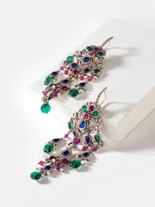 SHAYA Silver-Toned & Green Contemporary Drop Earrings