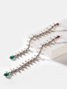 SHAYA Silver-Toned Oxidised Contemporary Drop Earrings