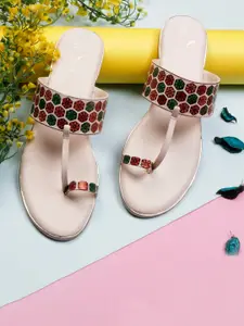 XE Looks Women Cream-Coloured One Toe Flats with Embroidered