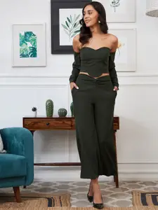 Athena Women Olive-Green Solid Off-Shoulder Crop Top With Trouser Co-Ords Set