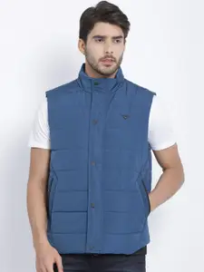 t-base Men Blue Solid Windcheater Padded Jacket