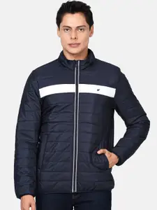 t-base Men Navy Blue Colourblocked Windcheater Puffer Jacket
