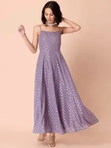 INDYA Women Light Purple Foil Geometric Print Fit and Flare Ethnic Dress