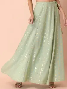INDYA Women Pastel Green Foil Printed Maxi Flared Skirts