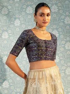 Soch Navy Blue Printed Silk Saree Blouse