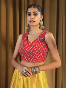 Soch Women Red & Blue Embroidered Georgette Saree Blouse