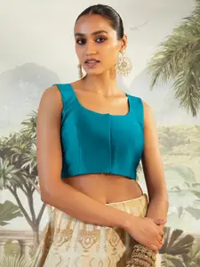 Soch Women Blue Solid Silk Sleeveless Saree Blouse